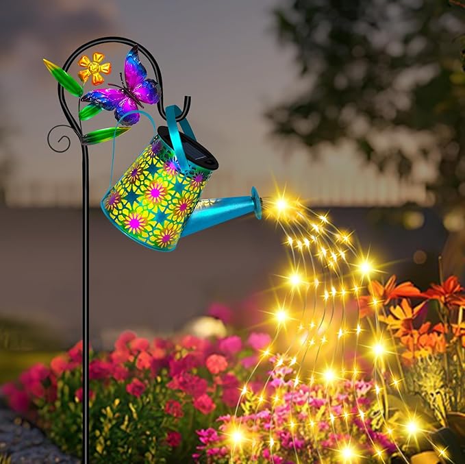 Solar Watering Can with Lights, Waterproof Solar Lantern with Butterfly Shepherd Hook, Hanging Garden Lights for Patio Yard Lawn Porch Outdoor Decoration, Unique Garden Gifts for Women
