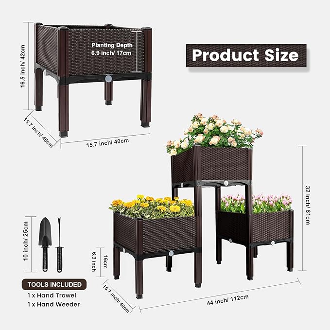 MAYOLIAH Raised Garden Bed with Drainage Elevated Planter Box Plastic Raised Beds for Gardening Vegetables Herb Flowers, Perfect for Indoor Outdoor Planting, 3 Boxes Brown