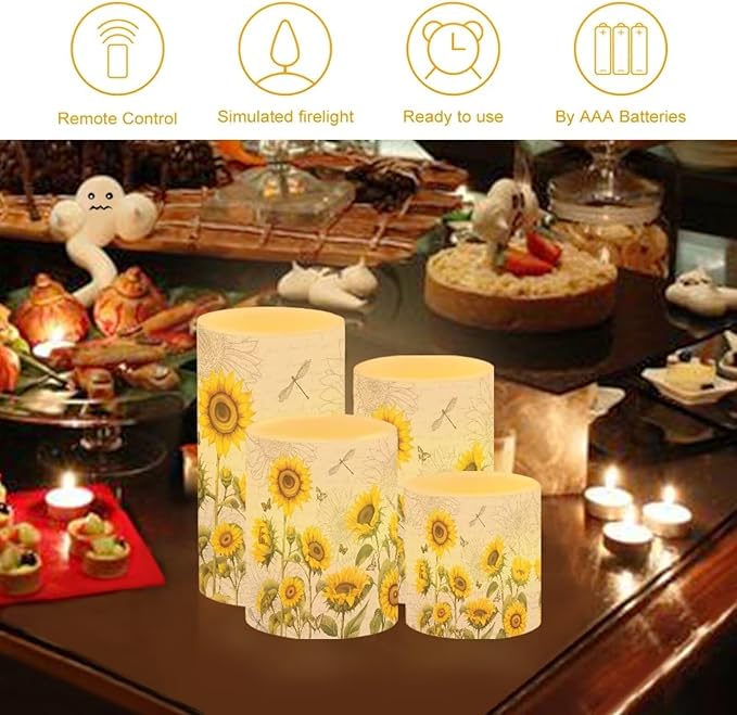 Flameless LED Candles Electric Candle Set with Remote Timer Color Changing Control Long Lasting for Table Centerpiece Home Indoor Decoration Pack of 4, Sunflower Dragonfly Retro