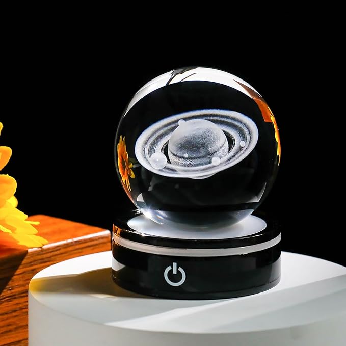 YWHL 3D Crystal Ball with LED Light Base, 3D Laser Engraved Glass Sphere Galaxy Crystal Ball for Home Decorations, Planet Saturn Lamp Gifts for Mother's Day Birthday Christmas (80mm)