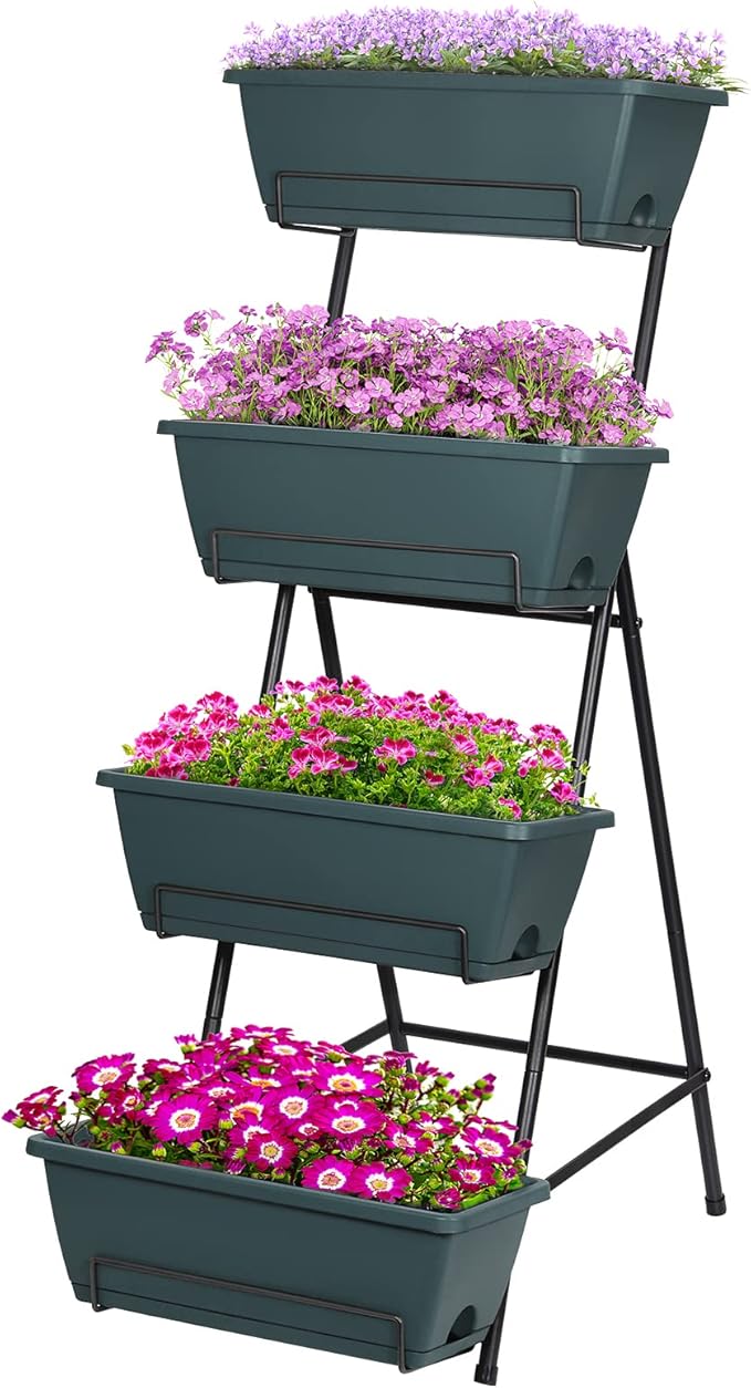 Tuenort Vertical Raised Garden Bed 4 Tiers Planter Box Freestanding Garden Planter with 4 Container Boxes for Growing Vegetables Herbs Flowers on Patio Balcony Green