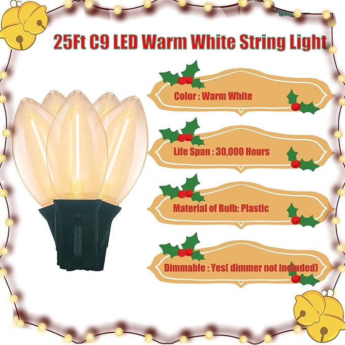 C9 LED Christmas Lights Outdoor, 25 Feet C9 Warm White String Lights Outdoor with 26 LED Clear Bulbs for Indoor Christmas Tree Roofline Holiday Party Garden Patio Backyard Cafe Decoration