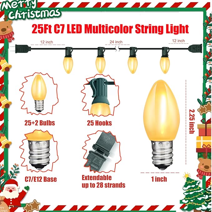 C7 LED Outdoor Frosted White String Lights, 25FT LED Outdoor Christmas Lights with 27 Clear Shatterproof Bulbs, Hanging Outdoor Decorations Vintage Christmas Lights for Party Tree Patio Garden Yard