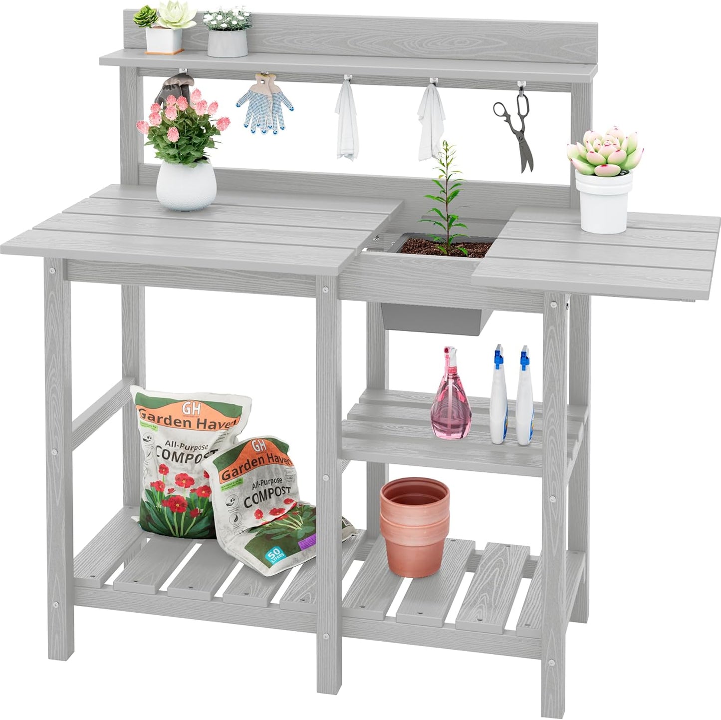 SERWALL Potting Bench Outdoor Potting Table with Sink, HDPE Potting Benches for Outside Gardening Table All Weather Use- Spanish Gray