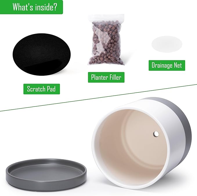 D'vine Dev 14 Inch Ceramic Planter Pot with Drainage Hole and Saucer, Indoor Cylinder Round Planter Pot, White/Speckled Grey, 94-O-G-6