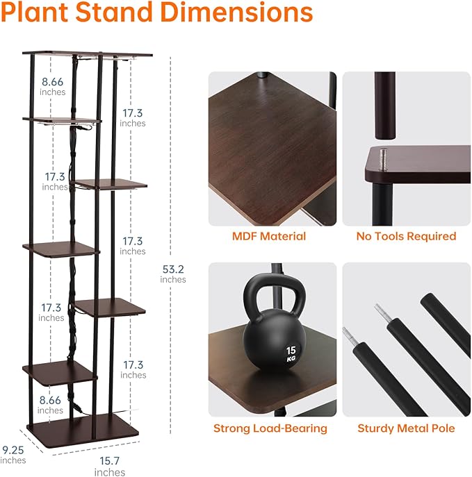 Indoor Plant Stand with Grow Lights , 7 Tier Corner Wooden Tall Grow Light Stand for Indoor Plants , Full Spectrum Dimmable 50W(5x10W) LED Grow Light Panel with Timer for Garden , Living Room
