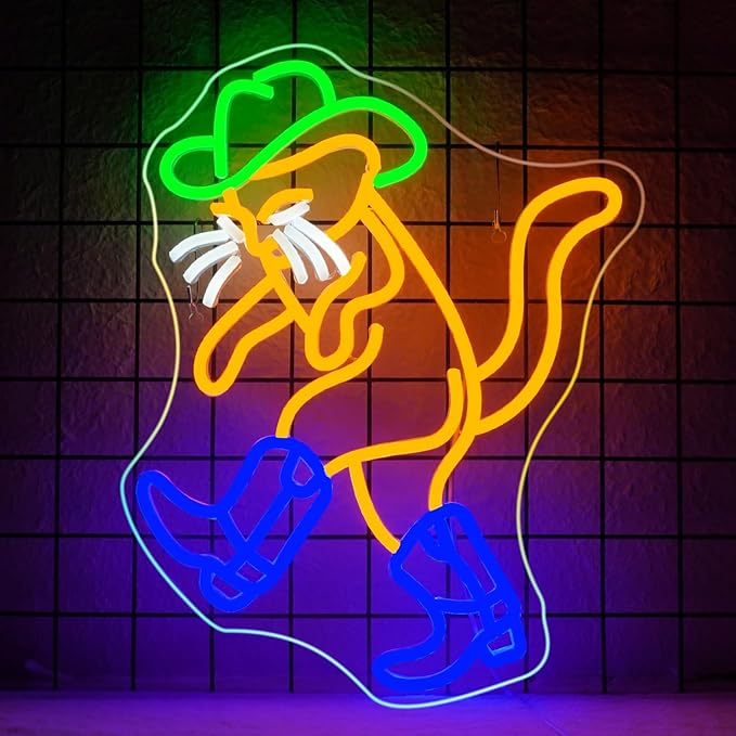 WLHOPE Cowboy Cat Neon Sign Neon Signs for Wall Decor Dimmable Cat Neon Lights Cowboy Hat Boot LED Sign for Bedroom Home Bar Club Party Western Decor