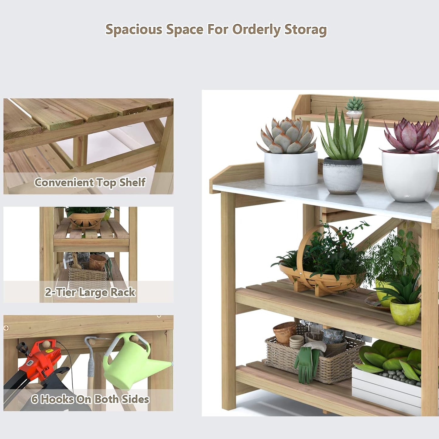 S AFSTAR Garden Potting Bench, Gardening Work Station Table with 2 Storage Shelves, Fir Wood Structure and Metal Tabletop, Gardening Table Potting Benches for Outside Backyard Balcony