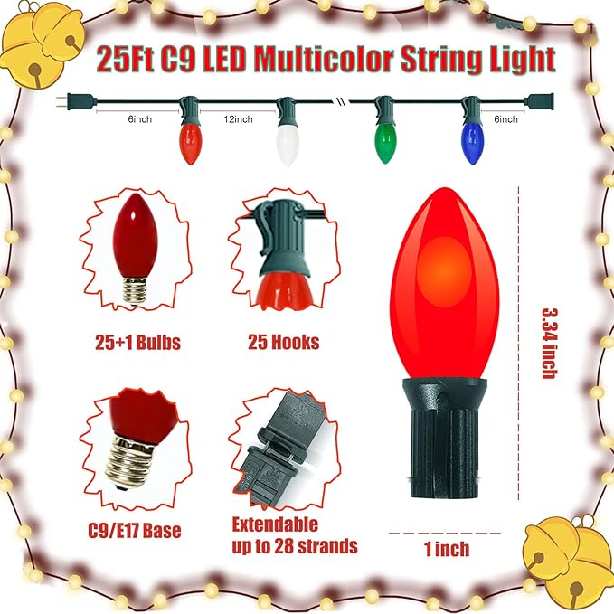 Vintage C9 LED Christmas Lights Outdoor, 25 Feet C9 Multicolor Christmas String Lights with 26 LED Bulbs for Indoor Christmas Tree Roofline Holiday Party Garden Patio Backyard Cafe Xmas Decoration