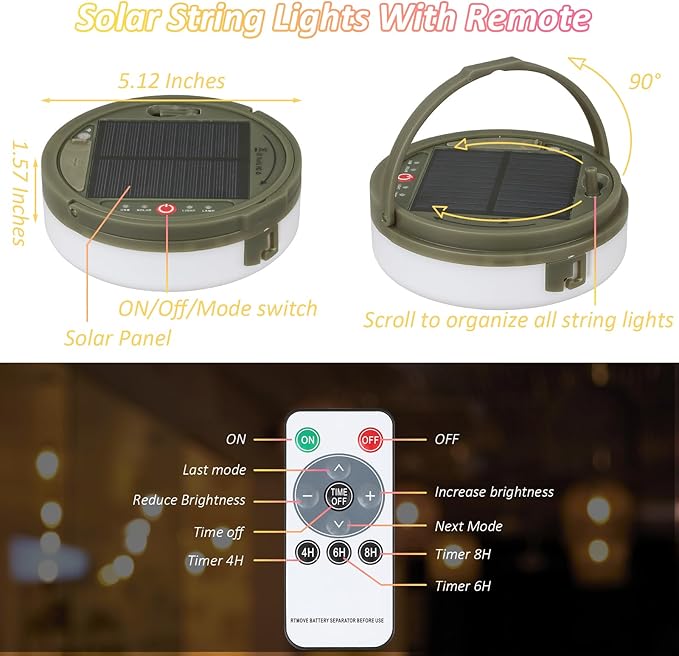 Solar Camping String Lights, 39.4FT Waterproof Camping Lights with 8 Lighting Modes, Rechargeable Outdoor Camp lamp 2 in 1with Remote Control, Portable Tent Lantern for Hiking, Yard, Party Decor
