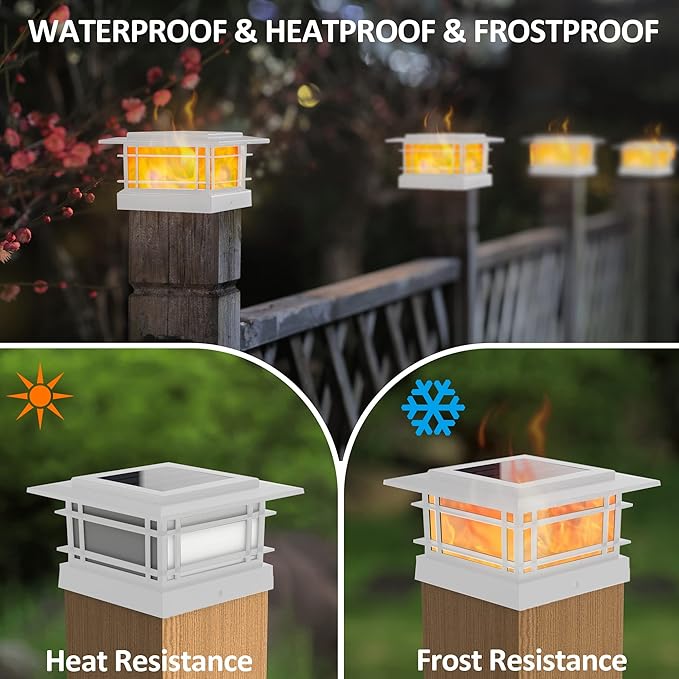 Dynaming 6 Pack Solar Flame Post Lights Outdoor, Solar Powered Fence Post White Shell Cap Light, High Brightness Flickering Flame LED LiVinyl/Wooden Postseck Patio, Fit 4x4 5x5 6x6 Vinyl/Wooden Posts