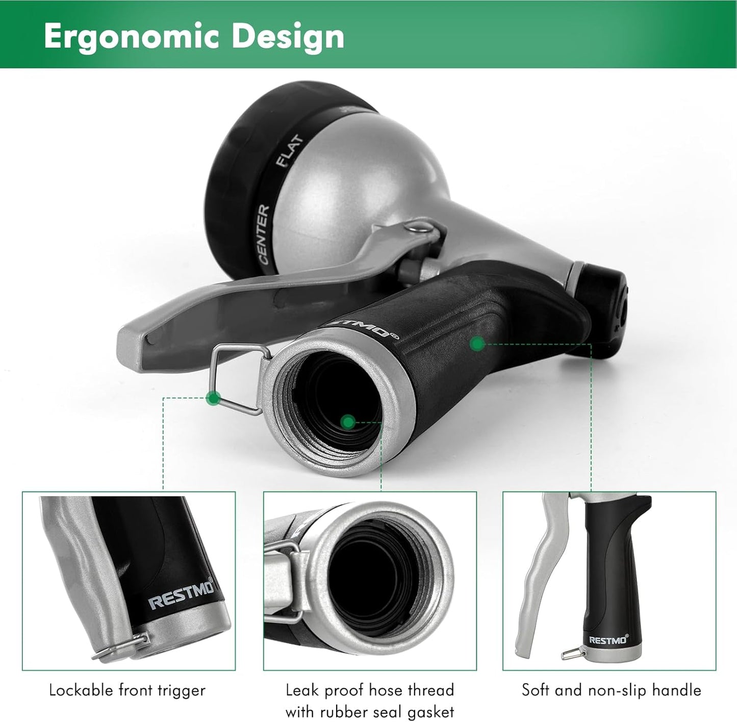 RESTMO Garden Hose Nozzle, Heavy Duty Metal Water Nozzle with 7 Adjustable Spray Patterns, High Pressure Hand Sprayer with Flow Control, for Watering Plants & Lawns, Washing Cars & Pets, Black