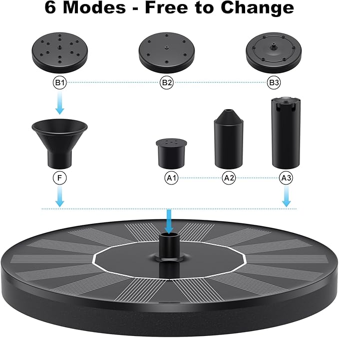 Solar Fountains,Solar Water Fountain,Solar Powered Bird Bath Fountain with 6 Nozzles - Free Standing Floating Solar Water Fountain for Bird Bath, Garden, Pond, Pool (Black-1.4W)