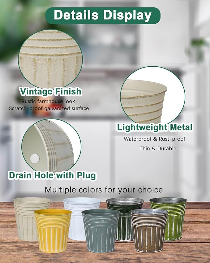 vensovo 6 Inch Dark Green Metal Rustic Flower Pots - 6Pcs Medium Galvanized Planters with Drainage Hole and Rubber Plug, Rustproof Metal Bucket Plant Pots Farmhouse Vintage Style for Decor