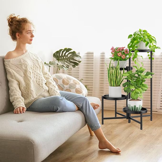 iDavosic.ly 4 Tier Large Plant Stand Indoor with 10 Inch Wide Tray, Tiered Corner Metal Outdoor Flower Display Holder Shelf, Folding Tall Rack for Patio Porch Living Room, Modern Black