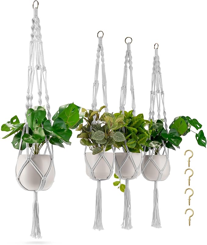 Sorbus Macrame Plant Hanger [4 Pack] Indoor Outdoor Hanging Plant Pots Cotton Rope, Elegant for Home, Patio, Garden White