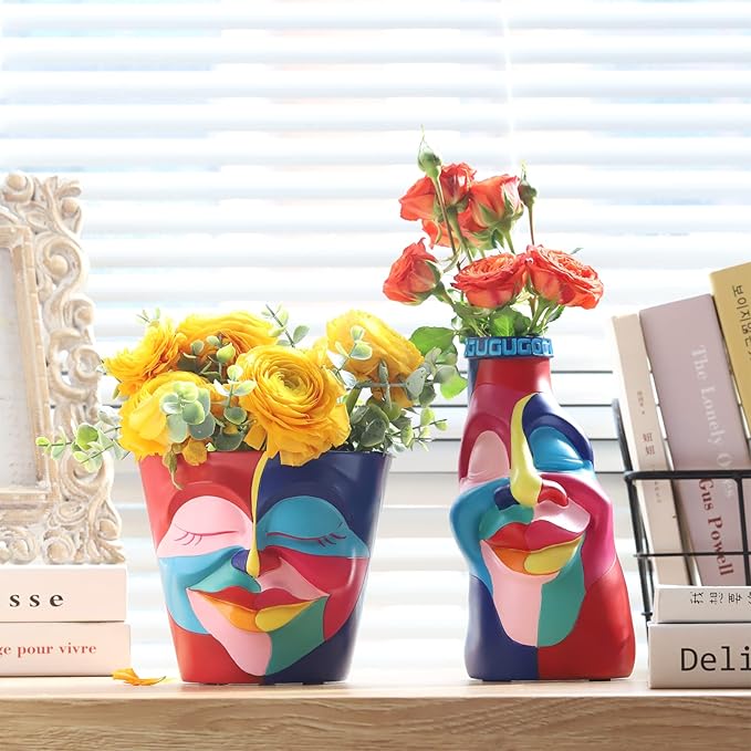 GUGUGO Abstract Rainbow Head Planter, Unique Face Plant Pot with Drainage, Cute Eclectic Flower Planters Pots for Indoor & Outdoor Plants, Colorful Funny Room Decor (Coral Red & Indigo,5.5Inch)