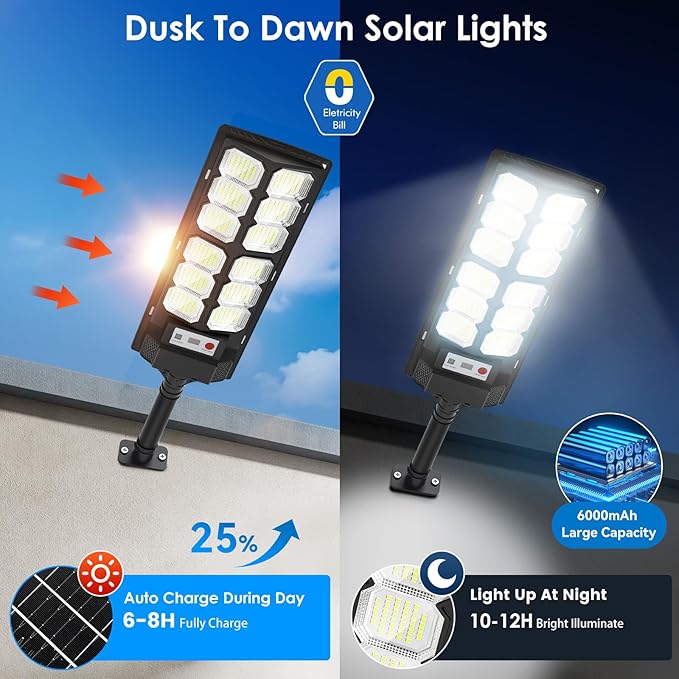 2 Pack Solar Street Lights Outdoor Waterproof 6500K 13000LM LED Solar Flood Lights Dusk to Dawn Parking Lot Light with Motion Sensor and Remote Control for Commercial Area Lighting Yard