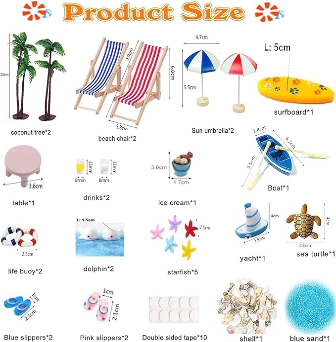 31 Pcs Beach Microlandscape Miniature Dollhouse Decoration, Maritime Decoration with Mini Beach Umbrella Mini Chair Miniature Coconut Tree Beach Decor for DIY Garden Plant Pool