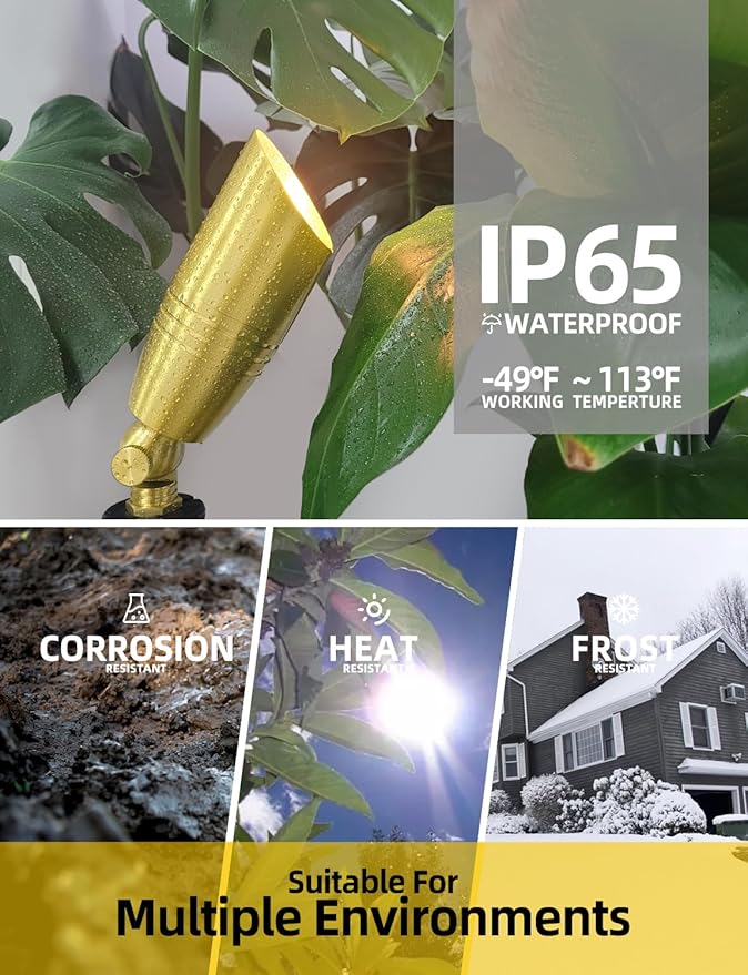 COLOER Die-cast Brass Landscape Spotlight 6-Pack with 5W Aluminum Housing LED MR16 Bulb,12V AC/DC Low Voltage Copper Outdoor Lighting, Directional Garden Patio Spot Up Light (102B Brass Finish)