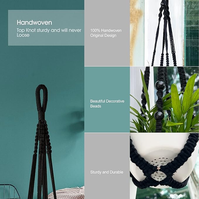 RIFNY Macrame Plant Hanger for 5 to 10 Inch Plant Pots, 35 Inch Woven Rope Hanger Kits with Hooks and Wood Beads, Hanging Planter Basket for Indoor Boho Home Decor (Black, 2 Pack)