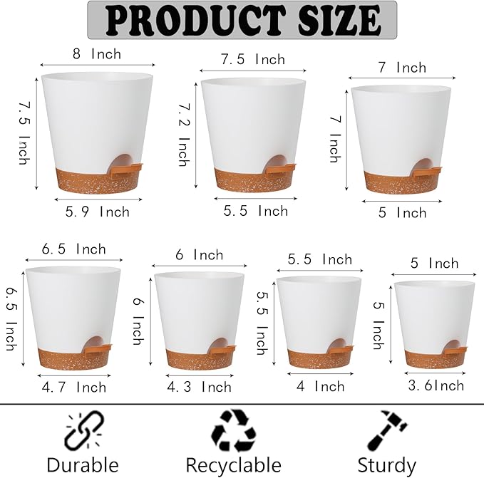 Plant Pots Outdoor 8/7.5/7/6.5/6/5.5/5Inch 7Pack, Planting Pots for All House Plants White Plastic Planters Outdoor Flower Pots Nursery Planting Pot with Drainage Hole and Deep Reservoir