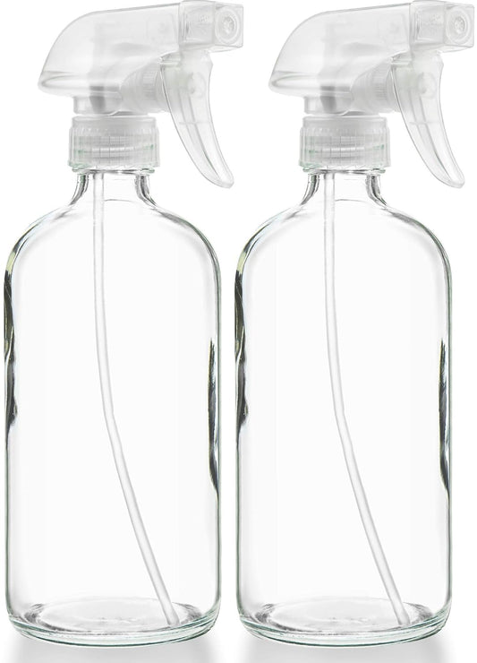 Sally's Organics® Empty Clear Glass Spray Bottles - Refillable 16 oz Containers for Essential Oils, Cleaning Products, Aromatherapy, Misting Plants, or Cooking - Sprayer with Mist and Stream - 2 Pack