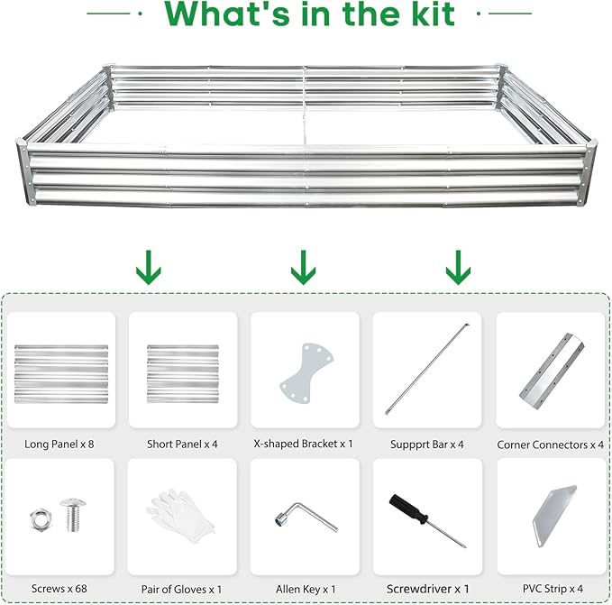 JERIA 8×4×1ft Raised Garden Bed with Support Rods,Galvanized Raised Garden Bed Kit Outdoor Metal Gardening Planter Box for Vegetable, Fruits, Flower