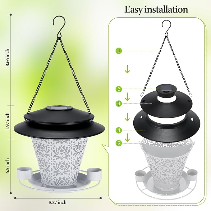 Solar Bird Feeders for Outside Hanging Metal Wild Bird Feeder Solar Lanterns Outdoor Waterproof Garden Decor for Yard White
