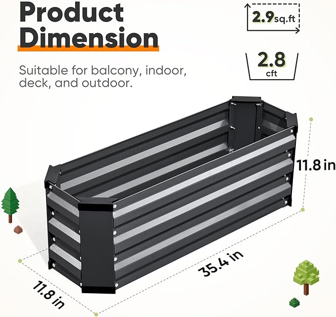 KING BIRD Raised Garden Bed Kit with Bottom 2025 Upgraded Galvanized Planter Garden Box Outdoor & Indoor for Gardening, Vegetables, Flowers, Dark Grey, 35.4x11.8x11.8 in