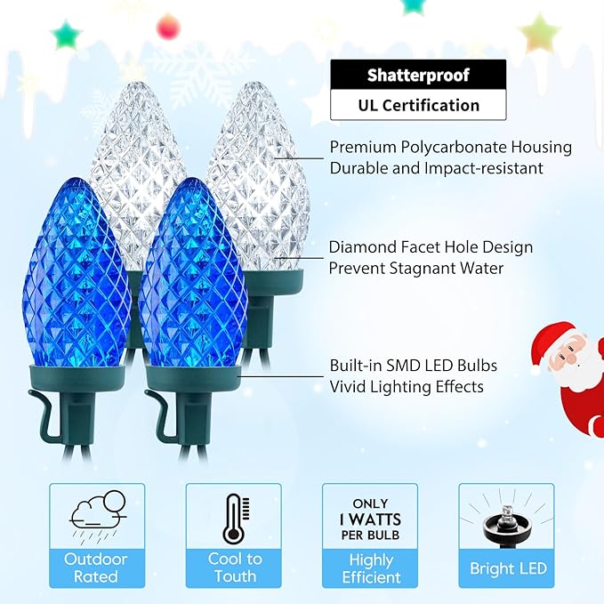 Brightown C9 LED Christmas String Lights, 66ft 100 LED Waterproof Strawberry String Lights, Plug-in Extendable Green Wire Lights String for Outdoor Outside Patio Party Decoration, Blue and White