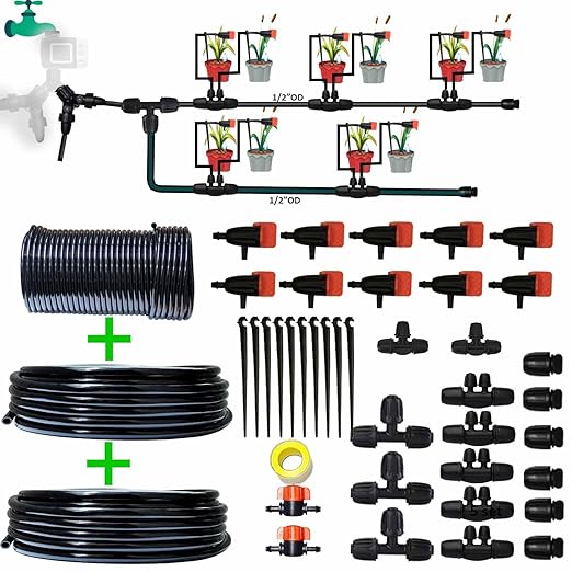 Drip Irrigation System Drip Irrigation Kit 64ft 5/16“ID Inche 64FT 1/4 Inch OD Pipe Kits Solutions for Large Gardens with Low Water Pressure Away from The Water Source