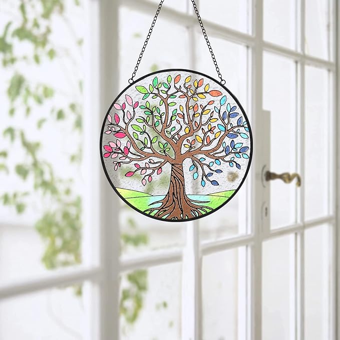 Tuitessine Tree of Life Stained Glass Suncatcher Four Season Theme Colorful Leaves Window Wall Hanging Ornament Hand-Painted Glass Panel Decor Gift for Women Christmas Thanksgiving Gift 6.3 * 6.3”