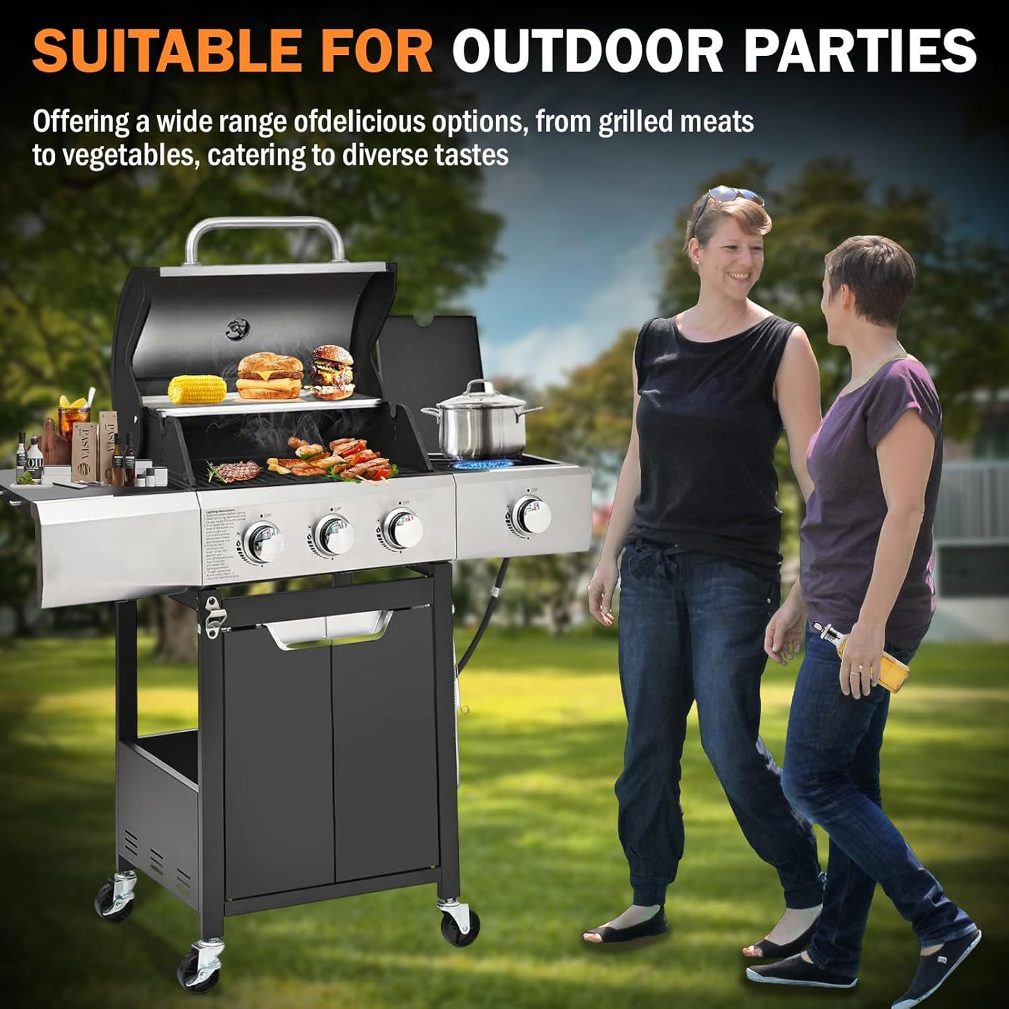 3-Burner Propane Gas Grill with Side Burner, 40,500 BTU Stainless Steel BBQ - Easy Assembly & Grease Management for Patio, Backyard, Camping (3+1Burner No Cover)
