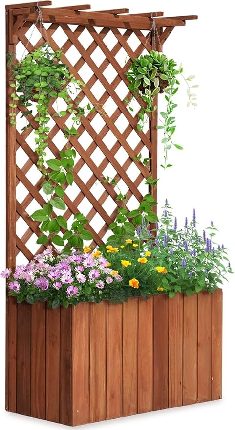 Quictent Raised Garden Bed Wood Planter Box with Lattice Trellis for Vine Climbing Plants Flower Free-Standing, for Patio Garden Indoor Outdoor 25x12x48 in