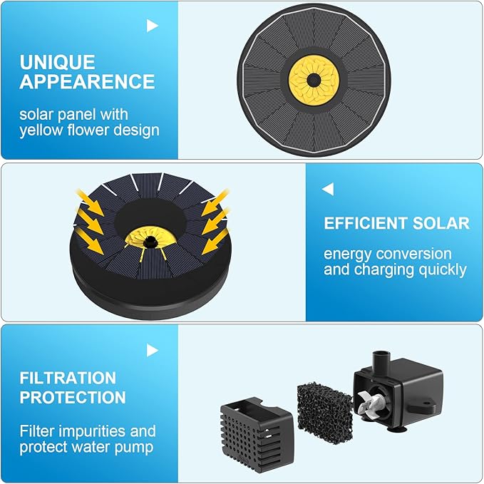 Solar Bird Bath Fountains,3.5W Glass Panel Solar Fountain Pump for Bird Bath No Battery,Solar Water Fountain Outdoor With 4 Fixed Pipes 7 Nozzles(Black)