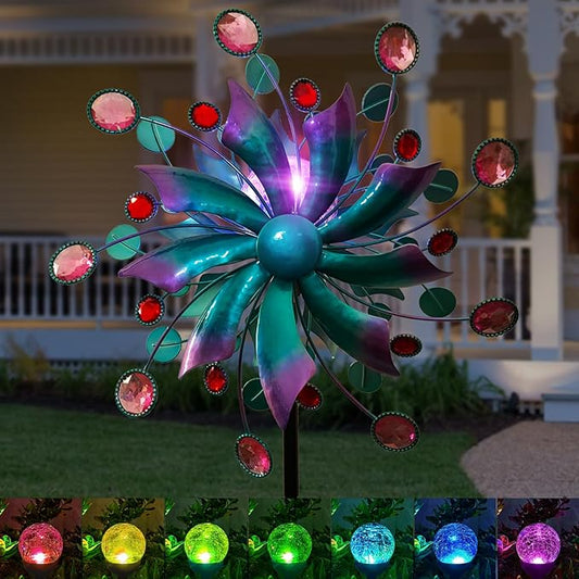Solar Wind Spinners for Yard and Garden-60.6 Inch 360° Metal Wind Sculptures Outdoor Clearance Kinetic Windmills with Multi Color Led Glass Ball