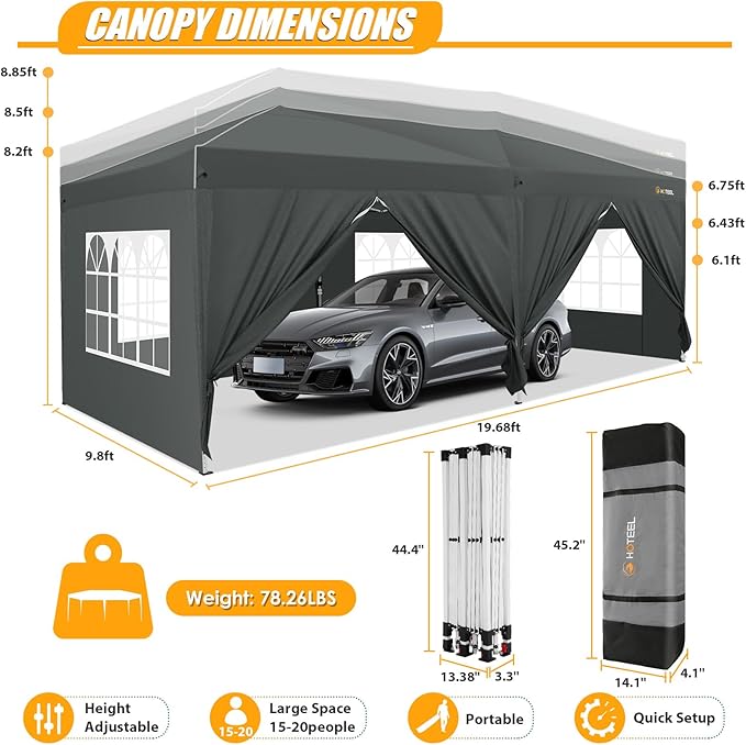 HOTEEL 10x20 Pop up Canopy with 6 Sidewalls, One Push Instant Setup Outdoor Canopy Tent with Reinforce Rod, Weight Bag, for Parties, Events, Gray