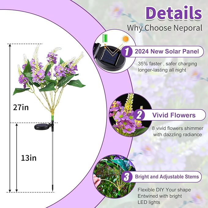 Neporal Solar Flowers Outdoor Waterproof Purple, Lilac Garden Solar Lights Decorative 4PK 8-Stem, 2 Lighting Modes, Solar Powered Garden Decor, Solar Yard Decor