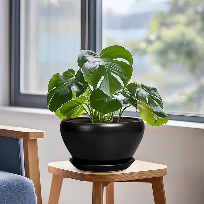 Plant Pot Large 9 Inch - Ceramic Pots for Plants with Drainage Hole and Saucer Round Planter for Indoor Plants Decorative Outdoor Flower Pot Large for House Balcony Black