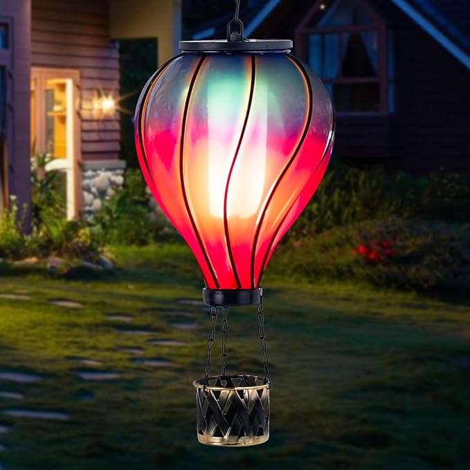 Starsoul Glass Hot Air Balloon Solar Lantern with Flickering Flame Light Blue & Purple Solar Powered Hot Air Balloon Lamp Waterproof Hanging Solar Lantern for Garden Yard Patio Porch Decor