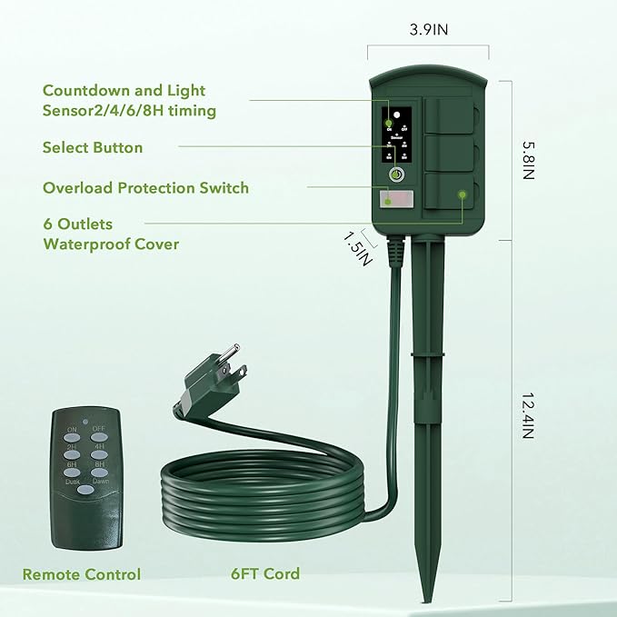 BN-LINK Outdoor Power Stake Timer Waterproof, Power Strip with 6 Grounded Outlets and 6FT Extension Cord, 100FT Wireless Remote Control, Dusk to Dawn Sensor Timer for Lights and Courtyard Decoration