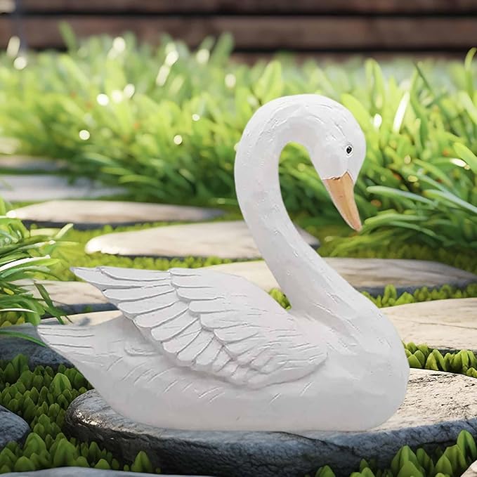 White Swan Figurine - Home Decor Exquisite Sculpture Resin，Artistic White Goose Statue Craft for Elegant Outdoor Garden and Yard Decoration, 7.48 Inches