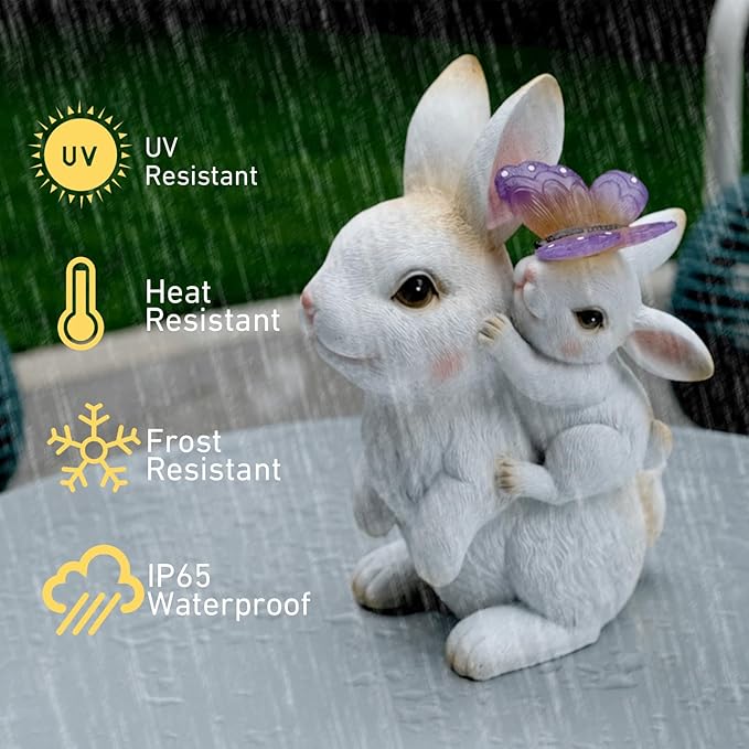 Garden Outdoor Statues Rabbit with Solar Lights,Mother&Baby Bunny Figurine with Solar Butterfly Changing Lights for Yard Art Garden&Patio Decor,Unique Thanksgiving&Birthday Gifts for Women Mom Grandma