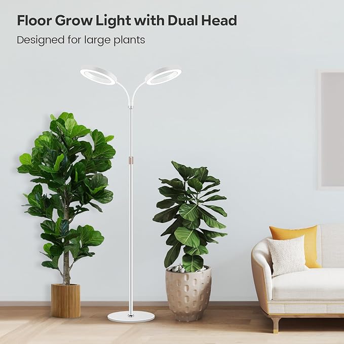 Garpsen Grow Lights for Indoor Plants, Dual-Head Full Spectrum LED Plant Light with Stand, 3 Color Modes Grow Lamp with Timer 6/12/16H, 5 Dimmable Levels, 168 LEDs and 67''Height Adjustable(White)