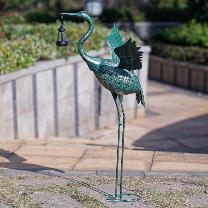 DREAMSOUL 40.5" Heron Garden Statues Large Metal Crane Outdoor Statues Standing Solar Bird Statue for Patio Pool Lawn Decoration