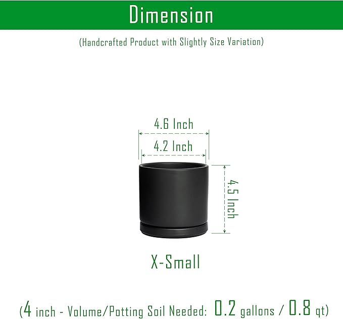 D'vine Dev Set of 4 Small Ceramic Plant Pots, 4.6 Inch Succulent Planter Pot for Plants with Drainage Hole and Saucer, Black, 94-X-B-2