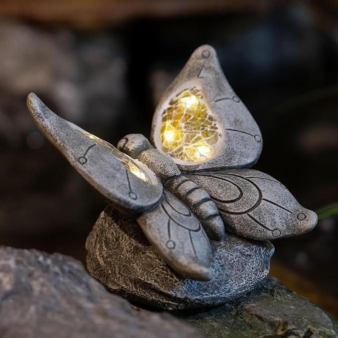 Garden Statue Butterfly,Solar Butterfly Decor for Outdoor,Resin Butterflies Figurine with Solar Light for Patio,Balcony,Yard,Lawn Ornament,Perfect Garden Gift