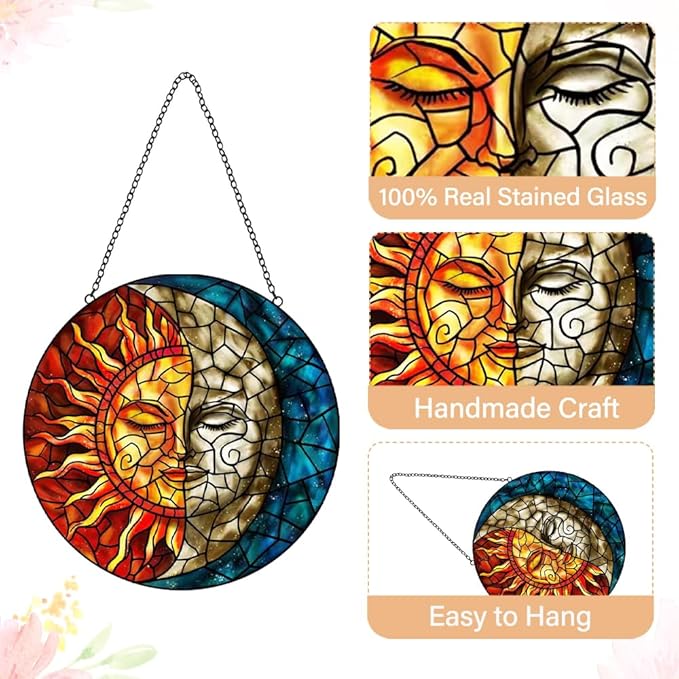 Sun and Moon Suncatcher Stained Glass Window Hanging - Handmade Stain Glass Suncatchers with Chain - Sun Catchers Indoor Window Glass Panel for Home Decor Garden Thanksgiving Valentines Day Gifts