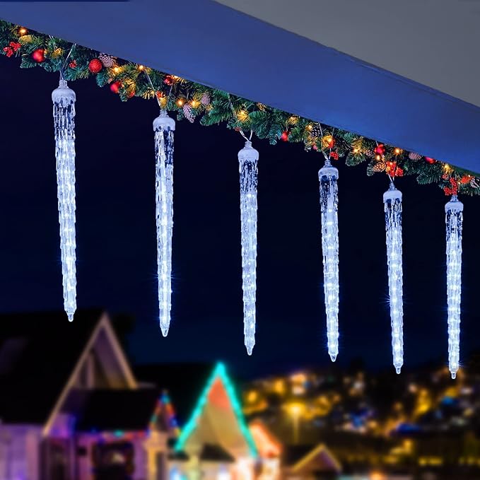 Christmas Icicle Lights Outdoor, 10Ft Meteor Shower Lights with 10 Ice Shaped Tube, Snowfall Shooting Star Light Effect, Falling Crystal Christmas Decorations for House Eave Roofline, Cool White